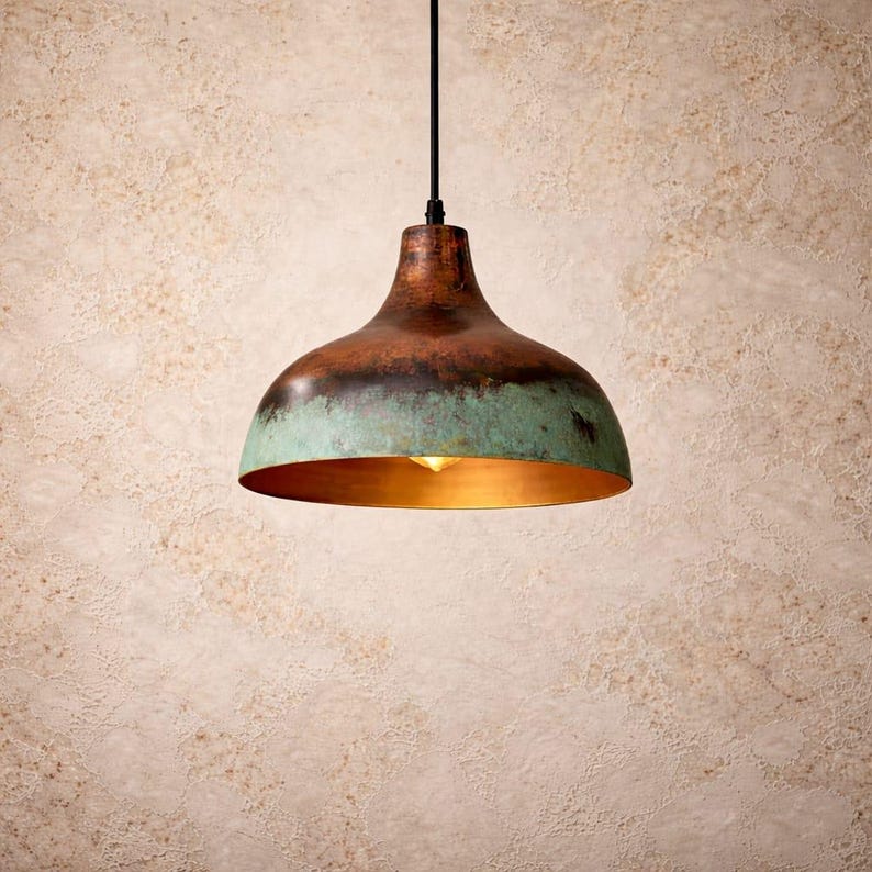 Lámpara colgante de cobre con pátina verde, lámpara de techo rústica oxidada hecha a mano imagen 1