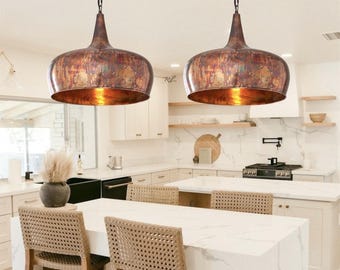 SET OF 2 Antique Copper Pendant Light – Handcrafted Rustic Hanging Lamp for Kitchen Island
