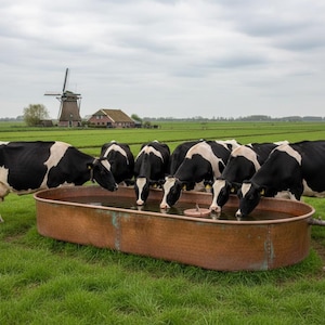Könnte beinhalten: Eine ländliche Szene mit schwarz-weißen Kühen, die aus einer kupfernen Tränke auf einer grünen Wiese trinken. Eine Windmühle und ein Bauernhaus sind im Hintergrund unter einem bewölkten Himmel zu sehen, was eine ländliche Umgebung suggeriert.