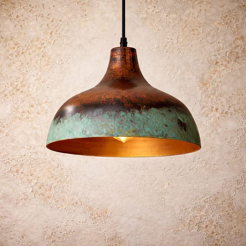 Lámpara colgante de cobre con pátina verde, lámpara de techo rústica oxidada hecha a mano imagen 3
