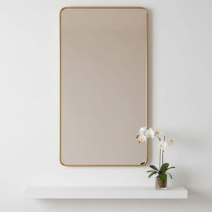 May include: A rectangular mirror with rounded corners and a gold-colored frame. The mirror is mounted on a white wall above a white shelf. A small potted orchid with white flowers sits on the shelf.