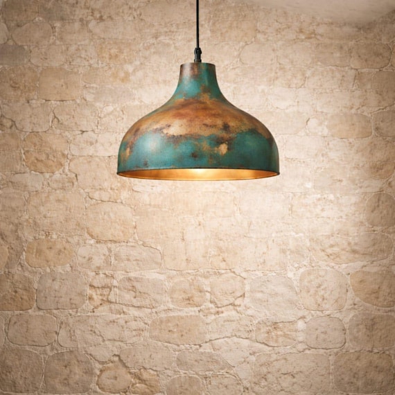 Moroccan Copper Pendant Light with Green Patina – Handmade Ceiling Lamp