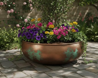 .Kupfer Pflanzgefäß | Grüne Patina Blumentopf | Handgemachte Gartenschale Pflanzschale | Rustikaler Kupfer Balkonkasten