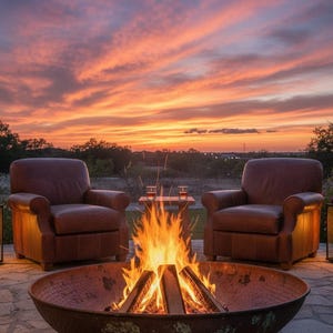 Può includere: Scena all'aperto con un braciere con legna che brucia, due poltrone in pelle marrone e un tavolino con bevande. Il cielo è infuocato di arancione e rosa al tramonto, creando un'atmosfera calda e invitante.