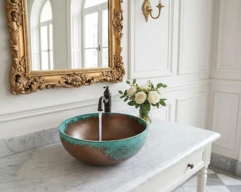 Lavabo-vasque turquoise en cuivre | Bassin martelé patiné vert de gris | Lavabo rond marocain artisanal | Lavabo de vanité bohème rustique