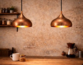Set of 2 Rustic Handmade Copper Pendant Light – Hammered Solid Copper