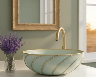 Handmade Copper Vessel Sink | Swirl Design Bathroom Bowl | Light Blue Interior | Moroccan Artisan Wash Basin | Luxury Vanity Sink