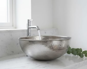 .Gehämmert Silber Messing Gefäß Spüle | Handgefertigtes Badezimmer Waschbecken Modernes Rustikales Waschtisch Waschbecken