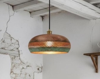 Lámpara colgante de cobre / Lámpara de techo con cúpula martillada y banda perforada / Iluminación de comedor estilo boho marroquí / Regalo hecho a mano