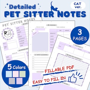 Pet Sitter Notes | Pet Sitter Instructions | Pet Sitter | Dog Sitter | Cat Sitter | Checklist | Fillable PDF | Printable | Dog | Cat | Cute