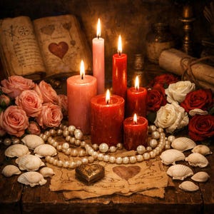 May include: A still life arrangement featuring lit candles in varying shades of red and pink, surrounded by roses, seashells, and a pearl necklace. An open book and a heart-shaped box add to the romantic ambiance. The scene is set on a wooden surface.