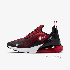 Swarovski Girls Air Max 270 Sneakers Red Black Youth Shoes Customized with Clear Crystals, Bling Athletic Sneakers