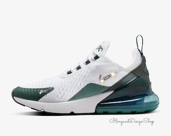 Bling Womens Air Max 270 Sneakers White Green Shoes Customized with Crystals, Bling Sneakers