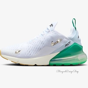Bling Women&#39;s Air Max 270 Green White Sneakers Shoes Customized with Crystals, Bling Sneakers