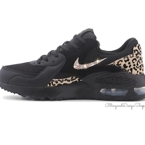 Bling Air Max Excee Dam Leopardmönstrade Svarta Sneakers Skor Specialdesignade med Guldkristaller