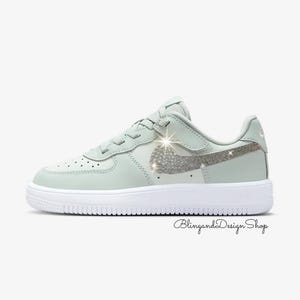 Bling Force 1 Low Easy On Girls Green Sneakers Shoes Customized with Clear Crystals, Bedazzled Kid Shoes