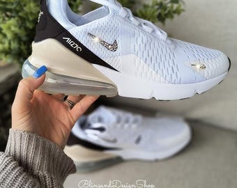Zapatillas deportivas Bling Air Max 270 para mujer, color blanco cacao, personalizadas con cristales Swarovski transparentes.