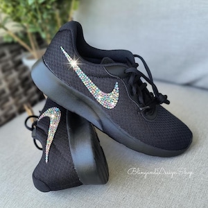 Bling Tanjun Women&#39;s Black Sneakers Shoes Customized with Pastel Swarovski Crystals