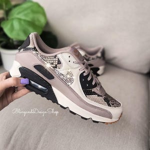 Womens Bling Air Max 90 Animal Print Sneakers Shoes Customized with Clear Swarovski Crystals, Brown Sneakers