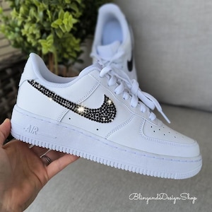 Bling Air Force 1 07 Womens White Sneakers Shoes Customized with Black Swarovski Crystals