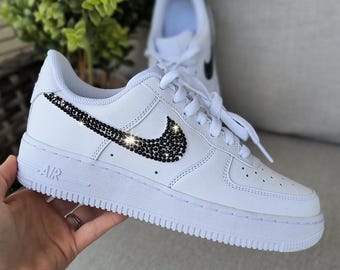 Bling Air Force 1 07 Womens White Sneakers Shoes Customized with Black Swarovski Crystals