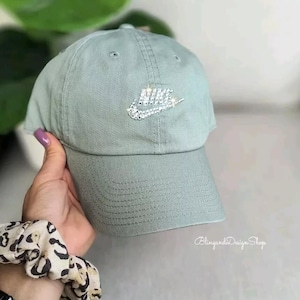 Women&#39;s Bling Green Hat Customized with Clear Crystals, Unstructured Futura Wash Cap Adjustable