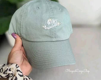 Women's Bling Green Hat Customized with Clear Crystals, Unstructured Futura Wash Cap Adjustable