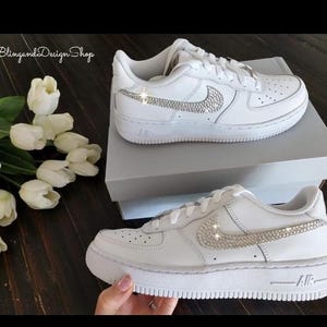 Bling Air Force 1 07 Womens White Sneakers Shoes Customized with Clear Swarovski Crystals