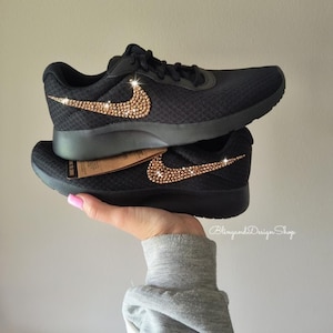 Bling Tanjun Womens Black Sneakers Shoes Customized with Rose Gold Swarovski Crystals