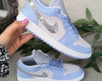 Bling Womens Air Jordan 1 Low Blue White Sneakers Customized with Crystals, Bling Shoes