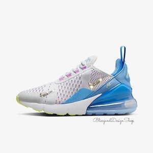 Swarovski Girls Air Max 270 Sneakers White Blue Youth Shoes Customized with Clear Crystals, Bling Athletic Sneakers