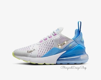 Swarovski Girls Air Max 270 Sneakers White Blue Youth Shoes Customized with Clear Crystals, Bling Athletic Sneakers