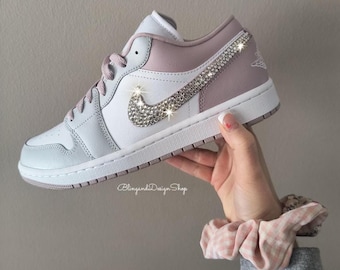 Bling Pink Grey Air Jordan 1 Low Women's Shoes Sneakers Customized with Clear Swarovski Crystals, Casual Shoes