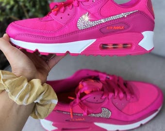 Scarpe da ginnastica rosa Air Max 90 da donna personalizzate con cristalli trasparenti, per San Valentino