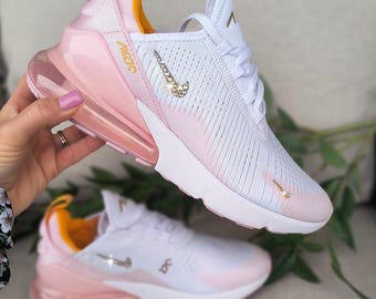 Bling Womens Air Max 270 Pink White Sneakers Shoes Customized with Swarovski Crystals