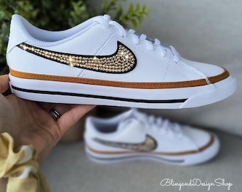 Bling Womens Court Legacy White Sneakers Shoes Customized with Gold Swarovski Crystals