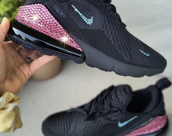Bling Womens Air Max 270 Sneakers Shoes Black Customized with Pink Teal Swarovski Crystals