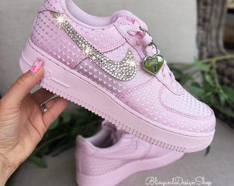 Bling Women's Valentine's Day Air Force 1 Hearts Pink Sneakers Customized with Crystals