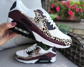 Zapatillas Air Max 90 con cristales Swarovski Bling para mujer, color burdeos, con estampado de leopardo y personalizadas, con estampado animal.