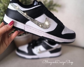 Bling Rhinestone Dunk Low Women's Black Sneakers Shoes Customized with Clear Swarovski Crystals