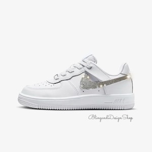 Bling Air Force 1 Low Easy On Little Kids Girls Shoes Sneakers Customized with Clear Swarovski Crystals, Preschool Sneakers