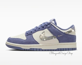Bling Sneakers Dunk Low Purple Customized with Clear Crystals, Womens Custom Shoes