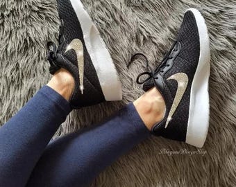 Bling Womens Tanjun Black & White Sneakers Shoes Customized with Crystals