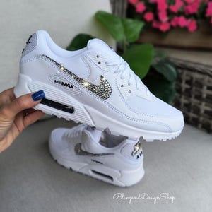 Women&#39;s Air Max 90 White Sneakers Shoes Customized with Crystal Rhinestones, Bling Sneakers