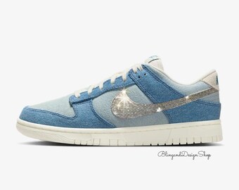 Bling Dunk Low Denim Women's Blue Sneakers Customized with Clear Crystals, Denim Shoes