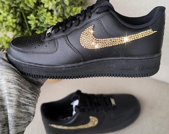 Bling Womens Air Force 1 07 Black Sneakers Shoes Customized with Gold Swarovski Crystals