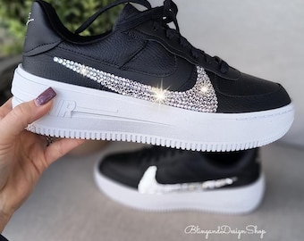 Bling Air Force 1 PLT.AF.ORM Womens Black Sneakers Shoes Customized with Crystals Platform Sneakers