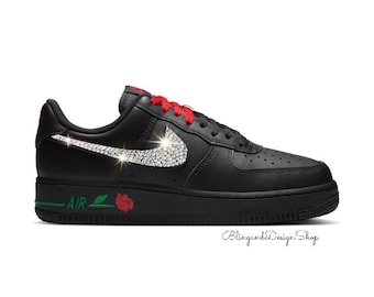 NEW Swarovski Women's Black Air Force 1 07 SE Floral Shoes Customized with Clear Crystals Rhinestones