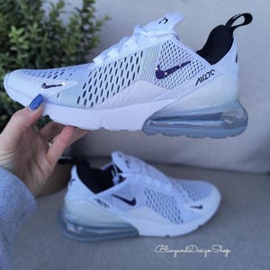 Bling Womens Air Max 270 White Sneakers Shoes Customized with Purple Swarovski Crystals
