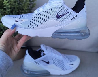 Bling Womens Air Max 270 White Sneakers Shoes Customized with Purple Swarovski Crystals